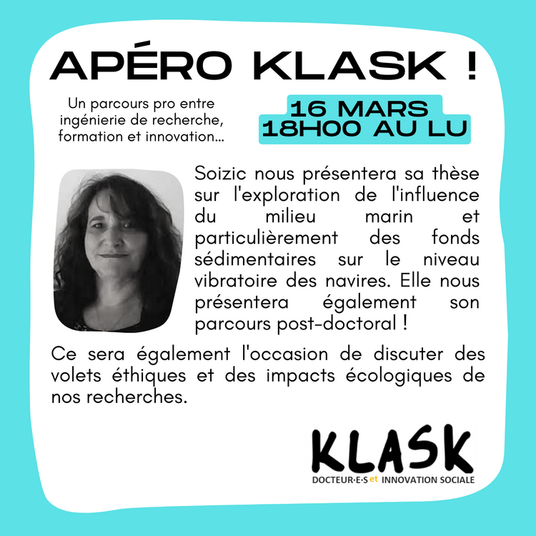 Les APÉRO-KLASK ! 16 Mars 18h30 : Soizic Rocard, le niveau vibratoire des navires et la vie des balaines…